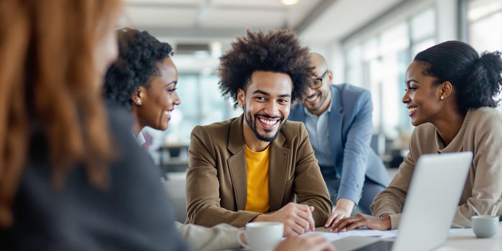 Diverse professionals in a video conference smiling together.