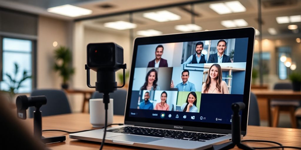 A laptop and webcam in a modern office setup.