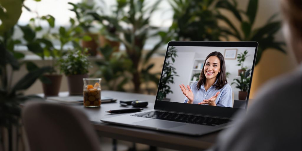 Person on video call in a cozy, well-lit room.