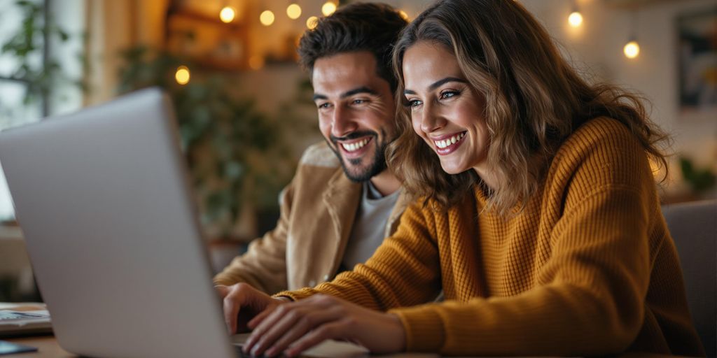 Two people smiling on a video call in a cozy setting.