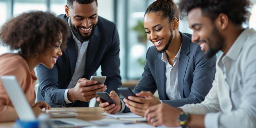 Diverse professionals collaborating with technology in a modern office.