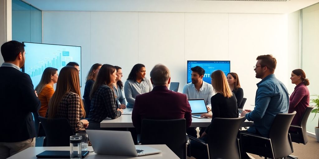 Diverse professionals collaborating in a modern meeting room.