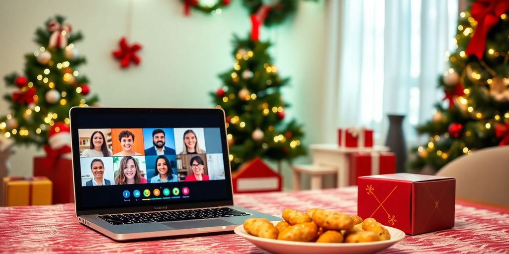 Holiday virtual meeting with decorations and smiling participants.