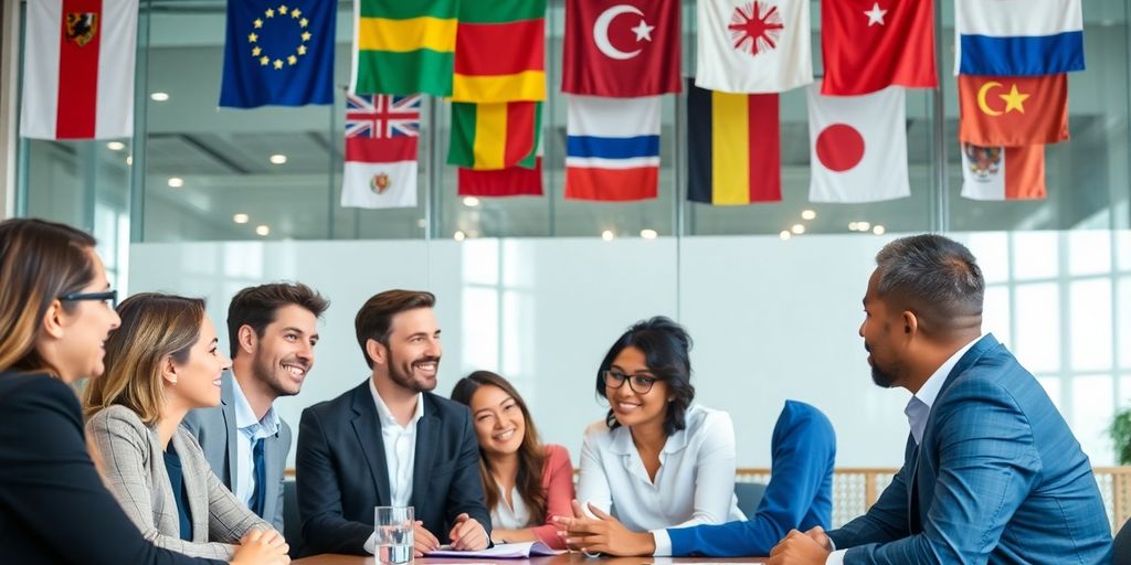 Diverse professionals in a meeting with international flags.