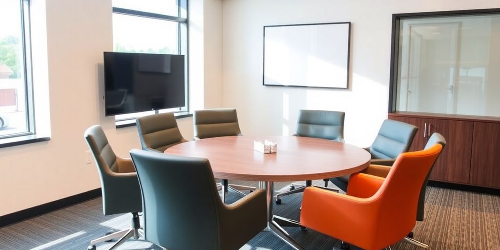 Bright meeting room with round table and chairs.