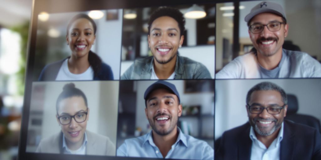 Diverse professionals engaged in a secure video conference.