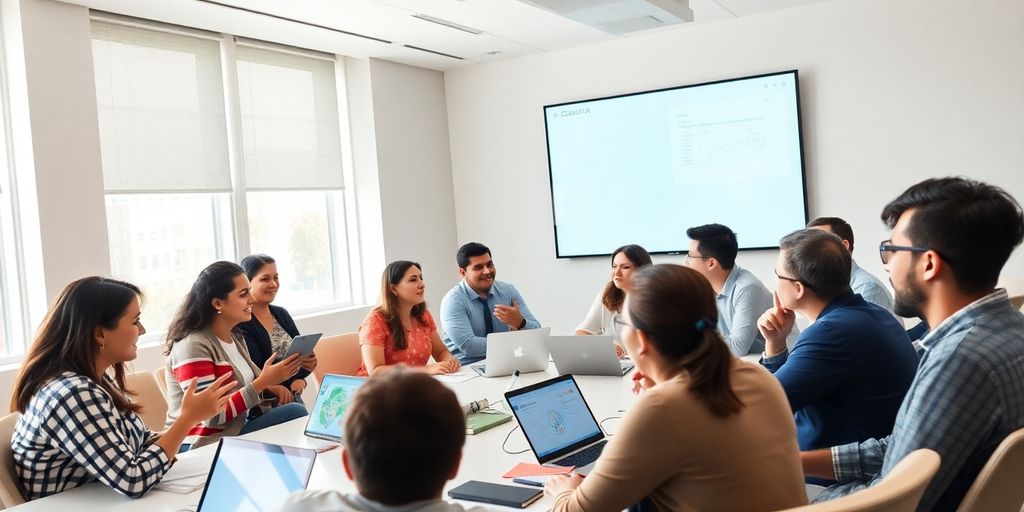 Diverse team collaborating in a bright meeting room.