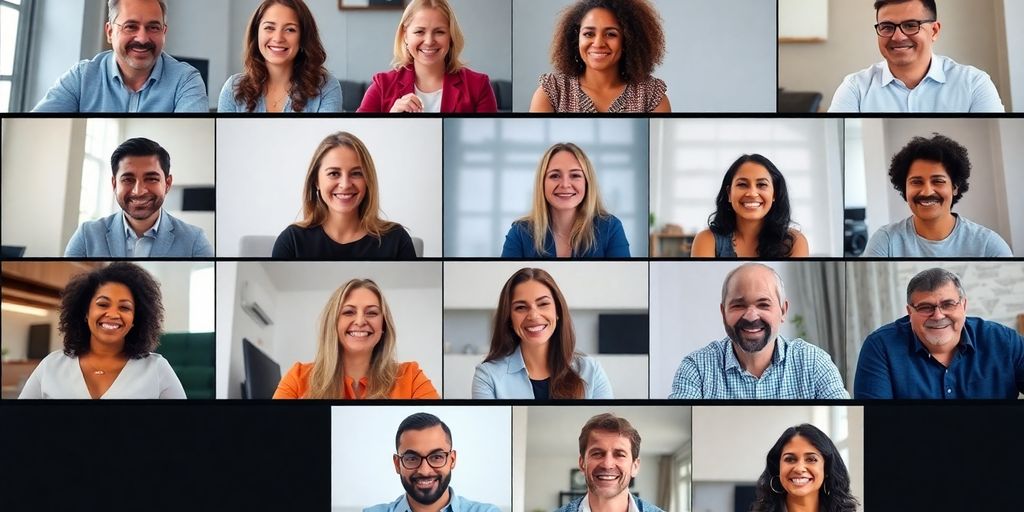 Diverse professionals smiling during an online meeting.