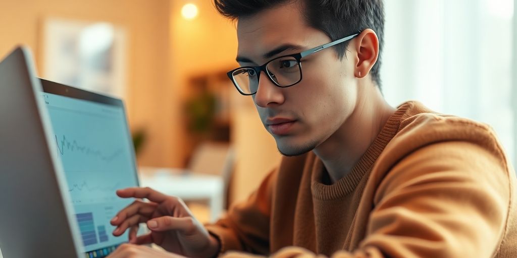 Person analyzing data on a laptop in office.