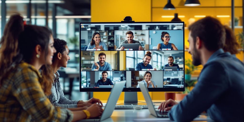 Team in a virtual meeting using video conferencing tools.