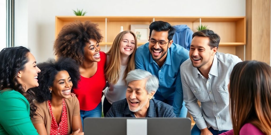 Diverse team members smiling during a virtual meeting.