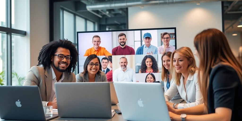 Diverse professionals in a video conference meeting.