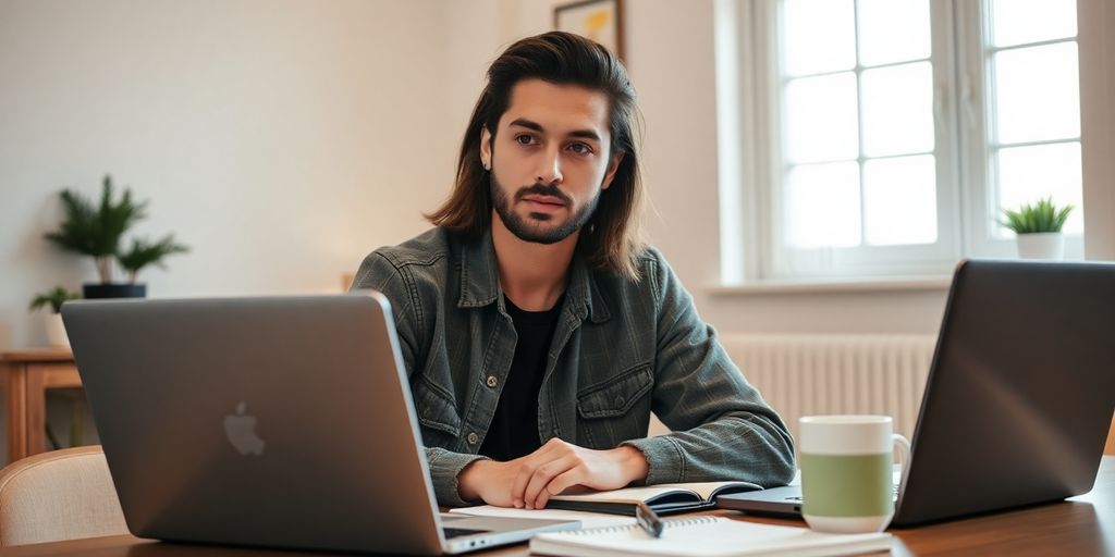 Person recording a meeting in a cozy workspace.