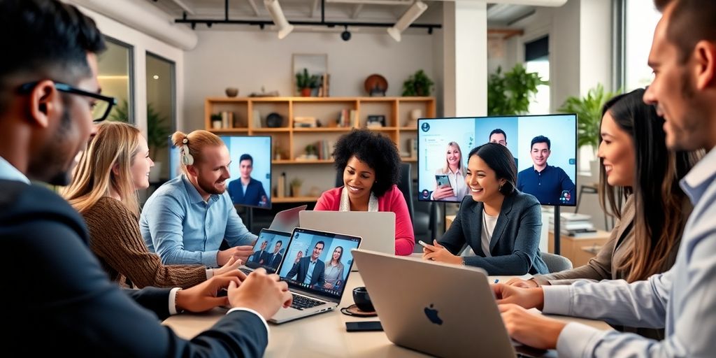 Professionals in a virtual sales meeting with laptops.