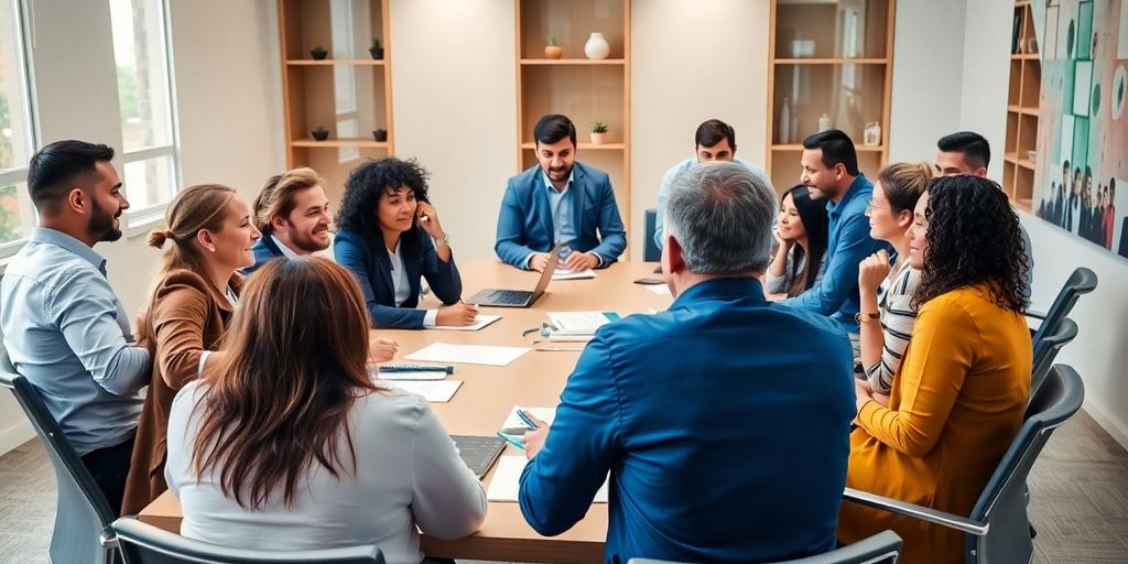 Diverse team collaborating in a bright meeting room.