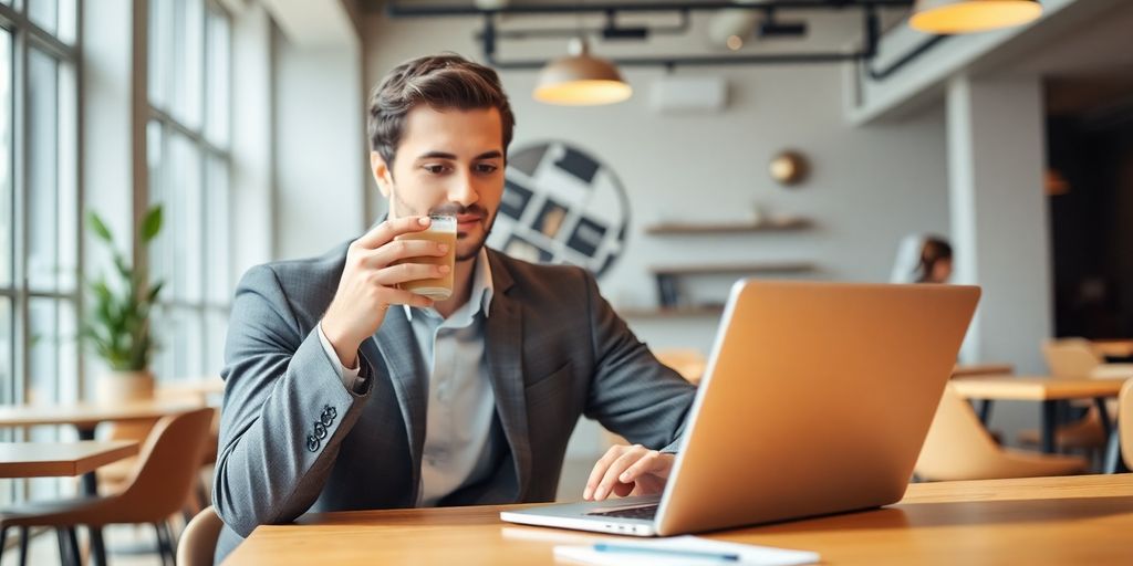 Business professional in a café on a virtual meeting.