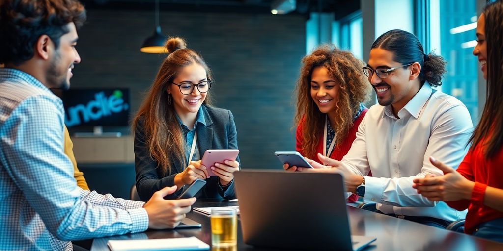 Diverse team collaborating with technology in a meeting environment.