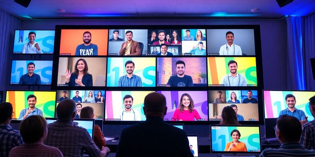 Participants enjoying a vibrant virtual event on screens.