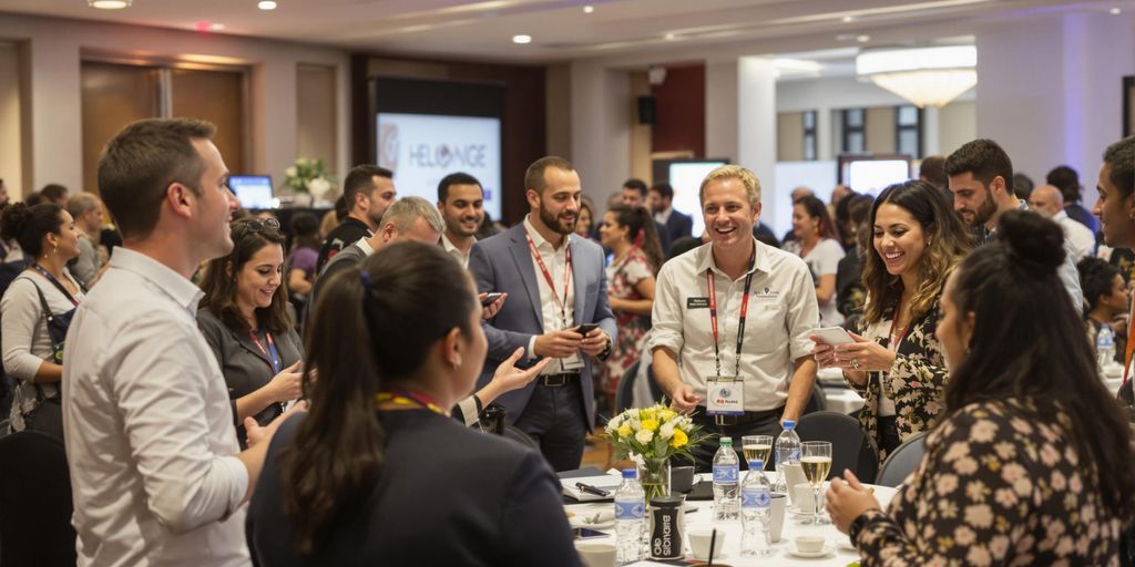 Group of professionals networking at a vibrant event.