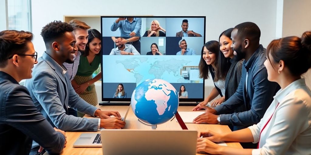 Diverse team collaborating in a video conference setting.