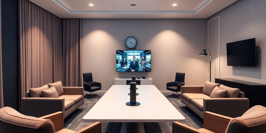 Secure meeting room with modern technology setup.