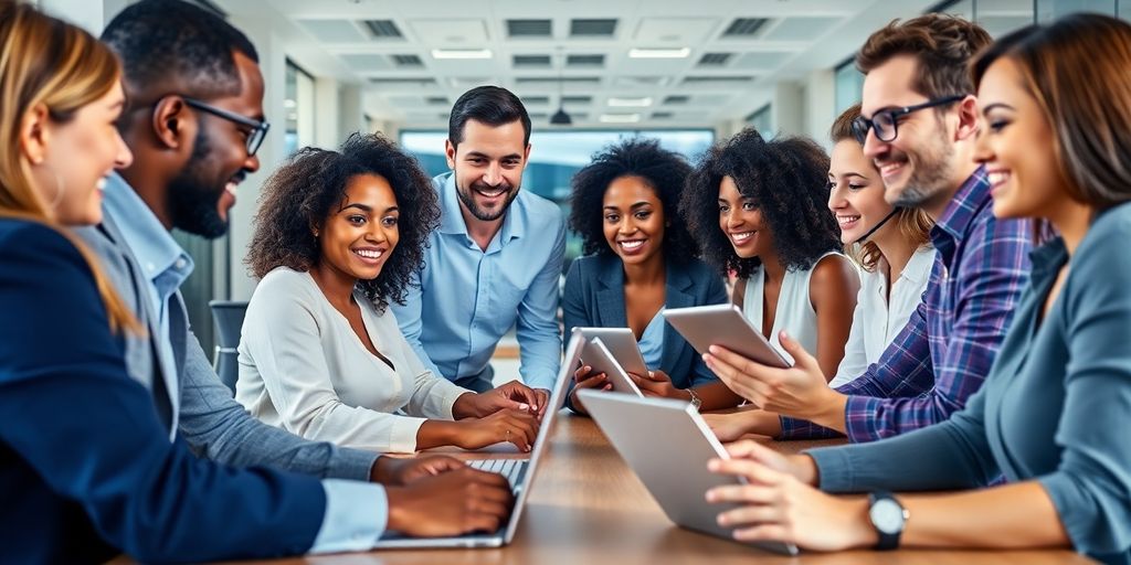 Diverse professionals in a modern conference call setting.