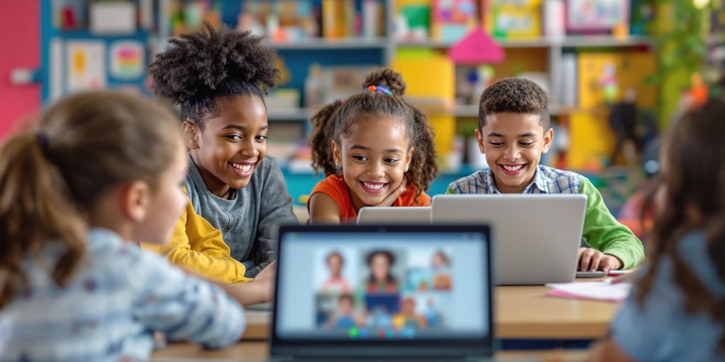 Kids using laptops for virtual learning in a classroom.