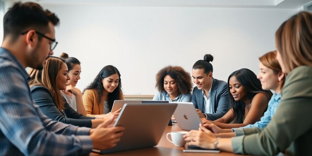 Diverse team engaged in a productive conference call meeting.