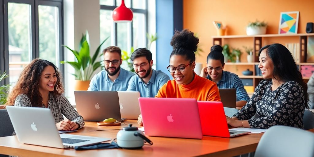 Remote team collaborating in a bright workspace.