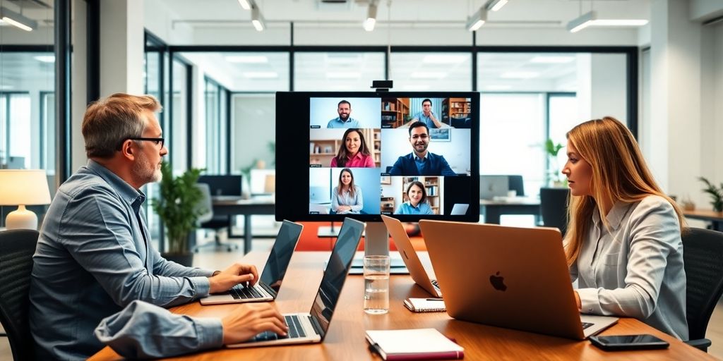 Professionals engaged in a video conference in an office.