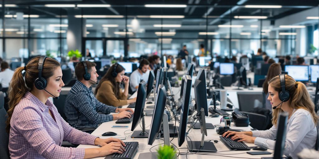 Agents working in a modern call center environment.