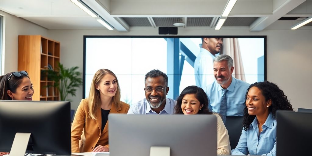 Diverse professionals in a video conference collaboration.