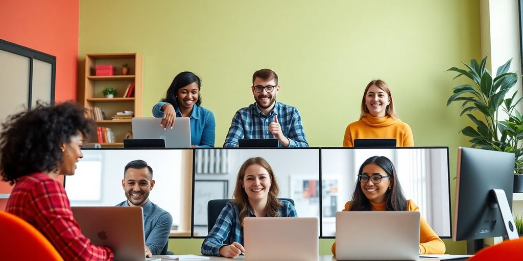 Diverse employees smiling during a virtual meeting at home.