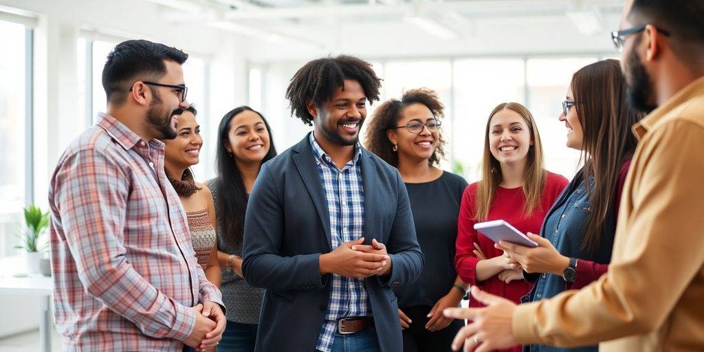 Team collaboration in a bright office environment.