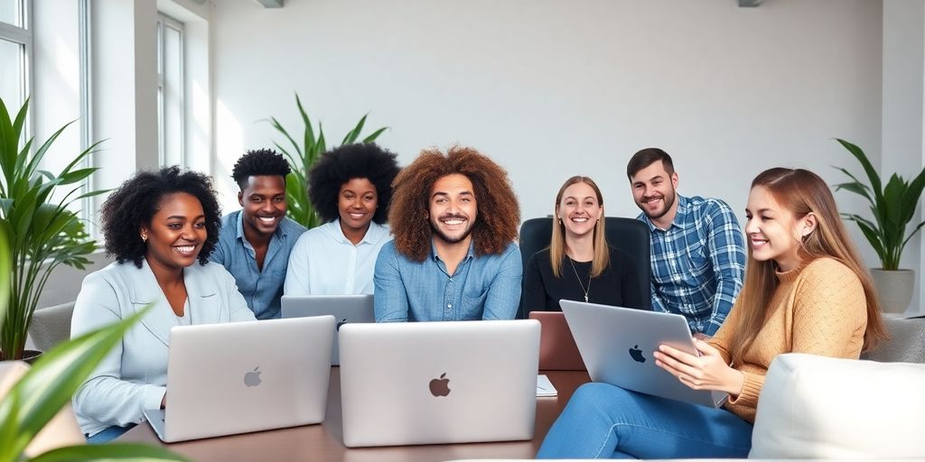 Diverse professionals engaged in a video conference in a bright office.