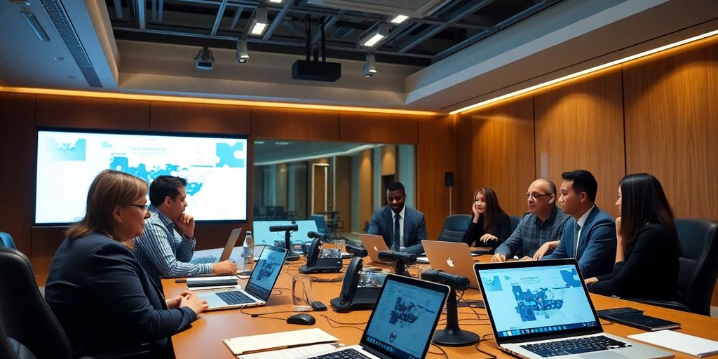 Group collaborating in a modern conference room.