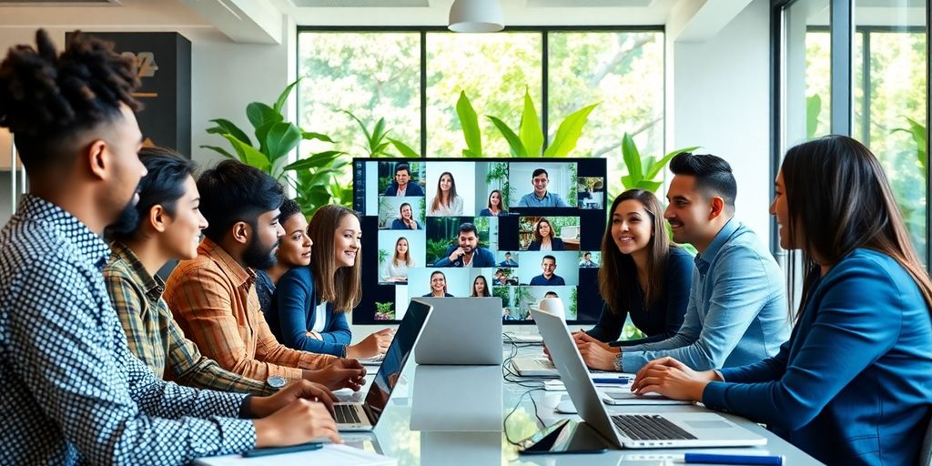 Professionals in a video conference in a green office.