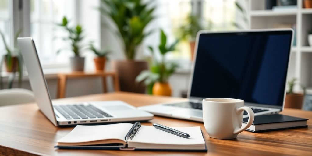 A laptop on a desk with a notebook and coffee.