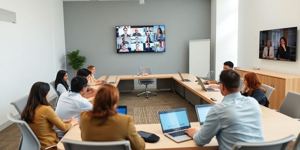 Hybrid meeting setup with participants in a conference room.