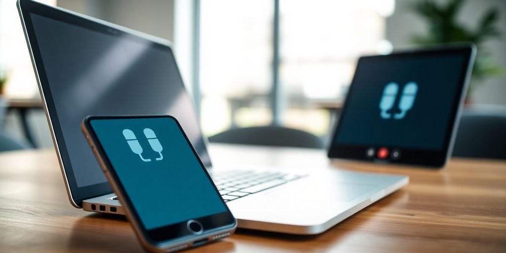 Laptop and smartphone on table during a conference call.