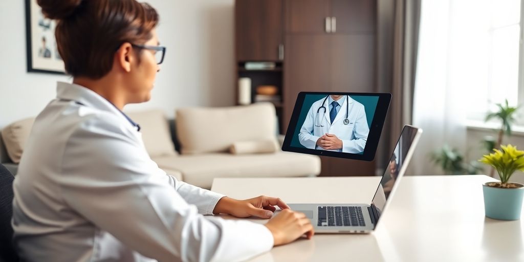 Person on video call with virtual doctor at home.