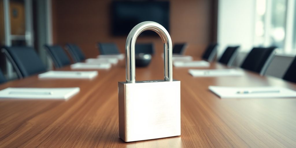 Locked padlock on a table in a conference room.