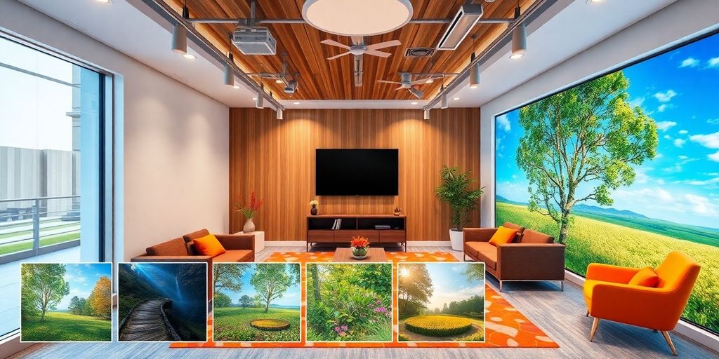 Modern meeting room with customizable photographic backgrounds.