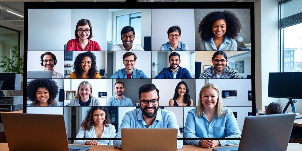 Diverse people engaged in a video conference meeting.