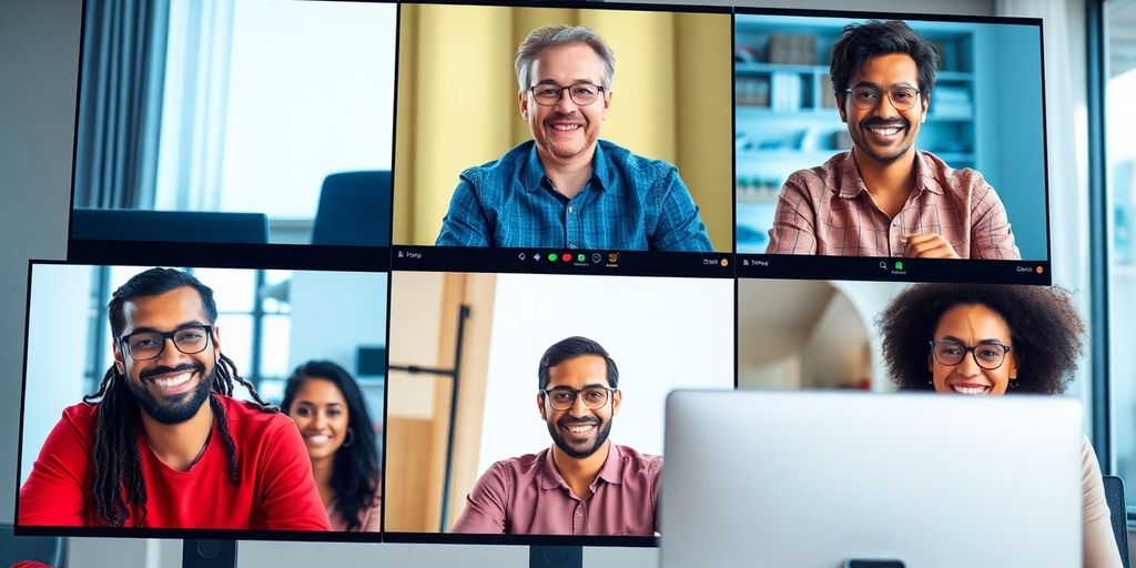 Diverse participants engaged in a vibrant video conference.