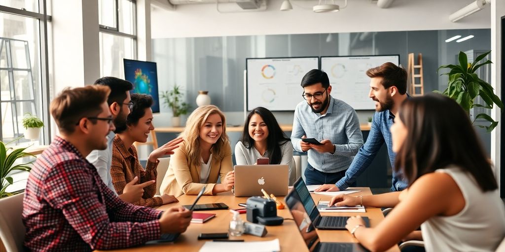 Diverse team collaborating in a modern workspace.