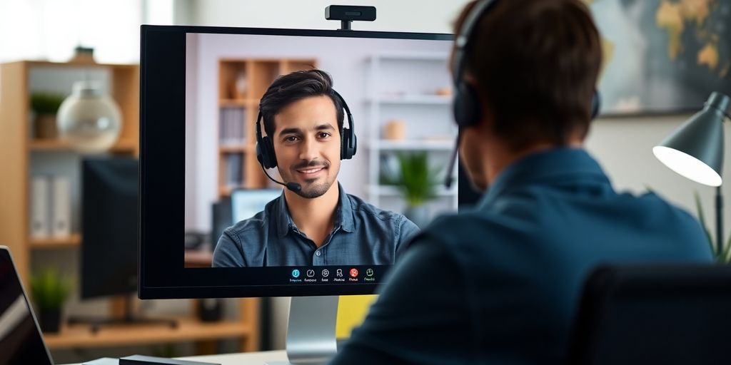 Remote worker on video call in home office.