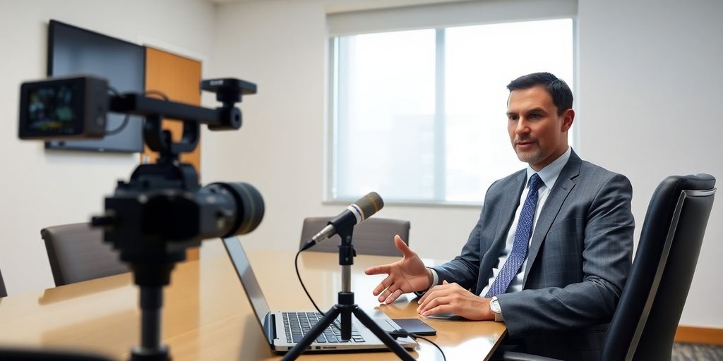 Attorney at video conferencing deposition in a conference room.