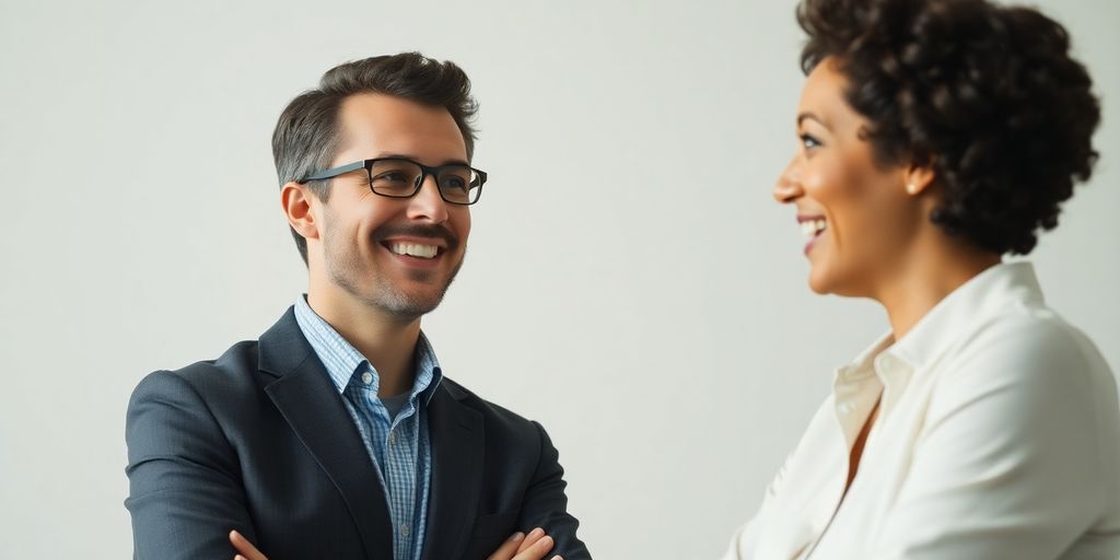 Two people conversing with smiles in a simple setting.