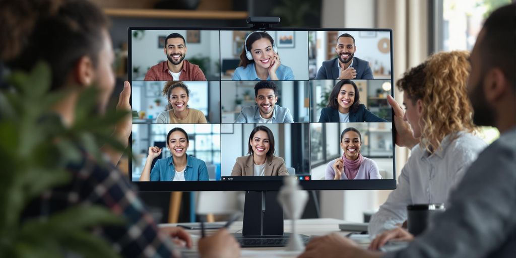 Group video conferencing with diverse participants in an office.